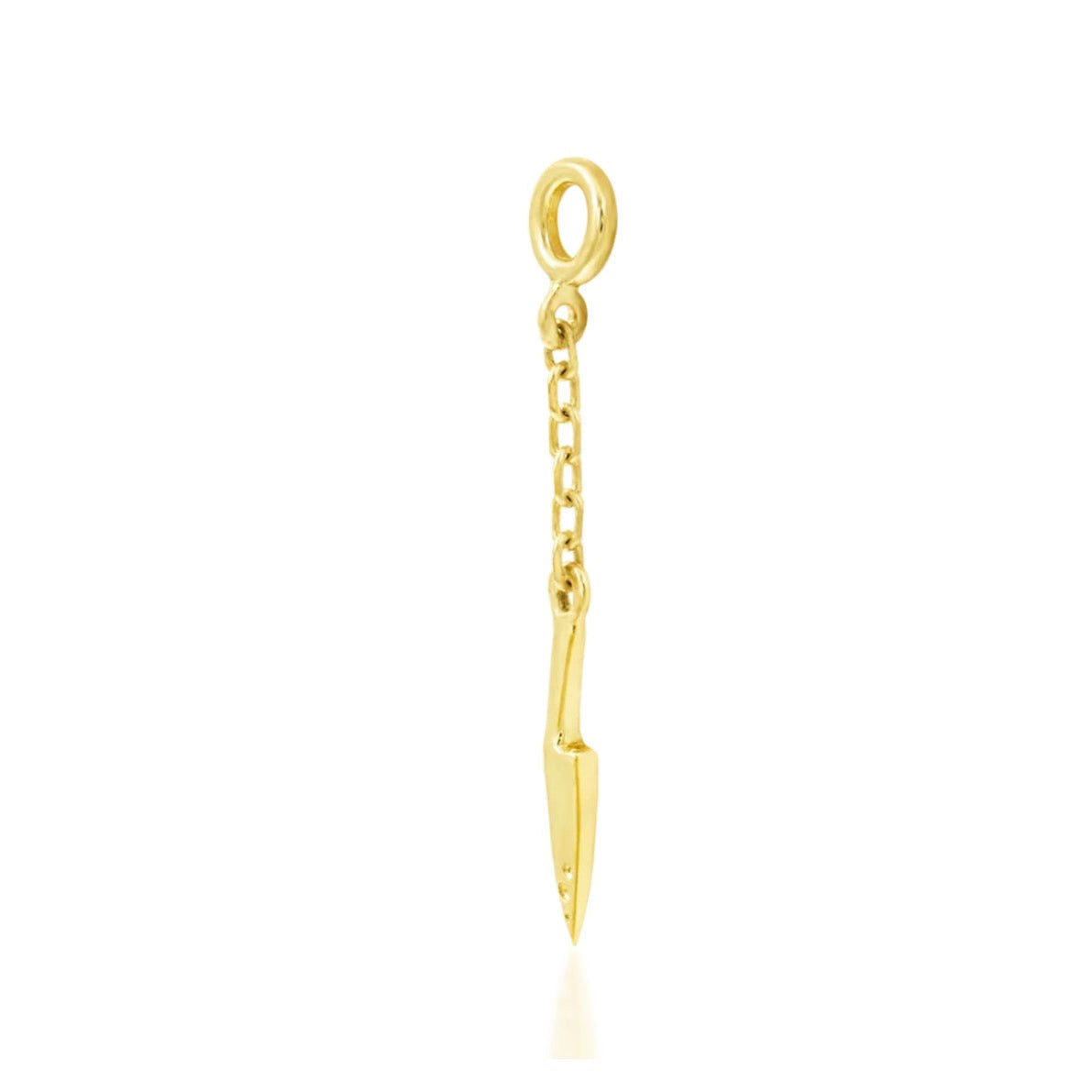 Knife dangle charm earring in yellow gold with an elongated blade design and articulated movement.