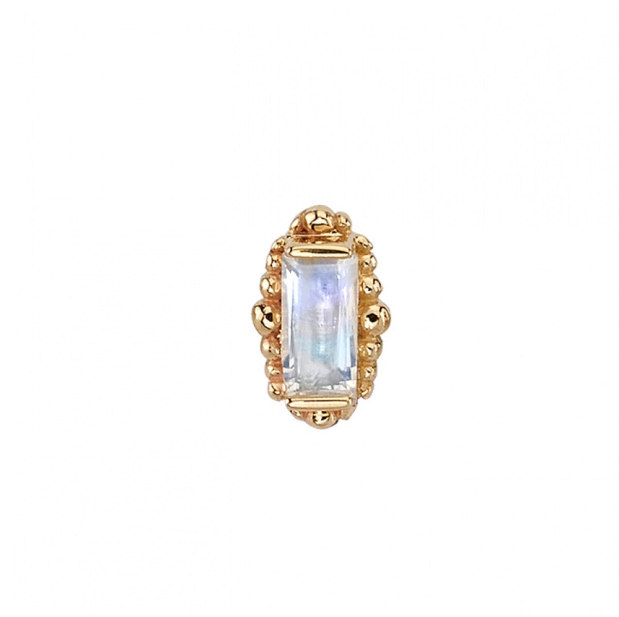 BVLA Beaded Baguette cartilage earring with faceted Rainbow Moonstone and intricate gold bead detailing