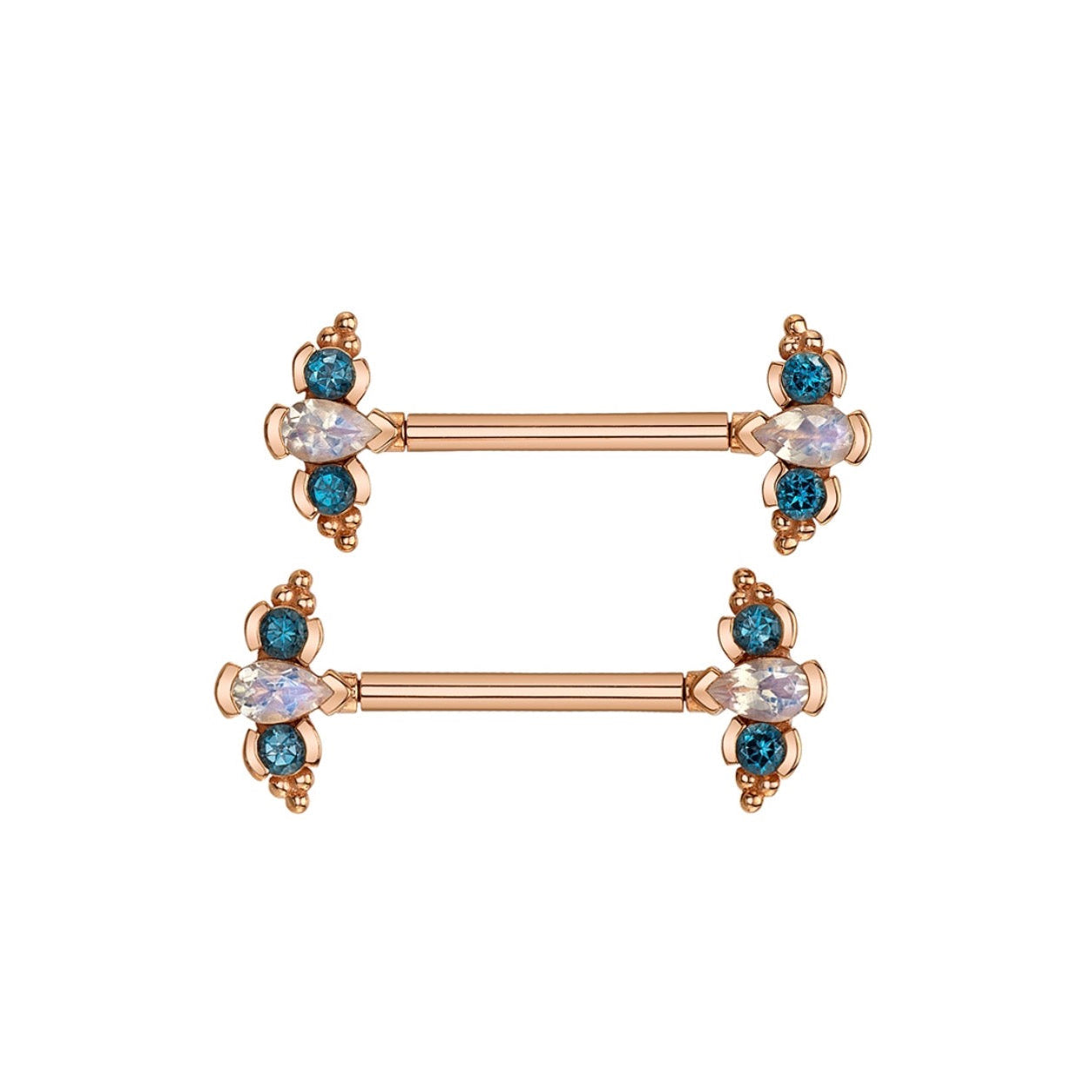 BVLA Mini Nikki Panaraya Narwhal rose gold nipple barbell with faceted Rainbow Moonstone and London Blue Topaz gemstones