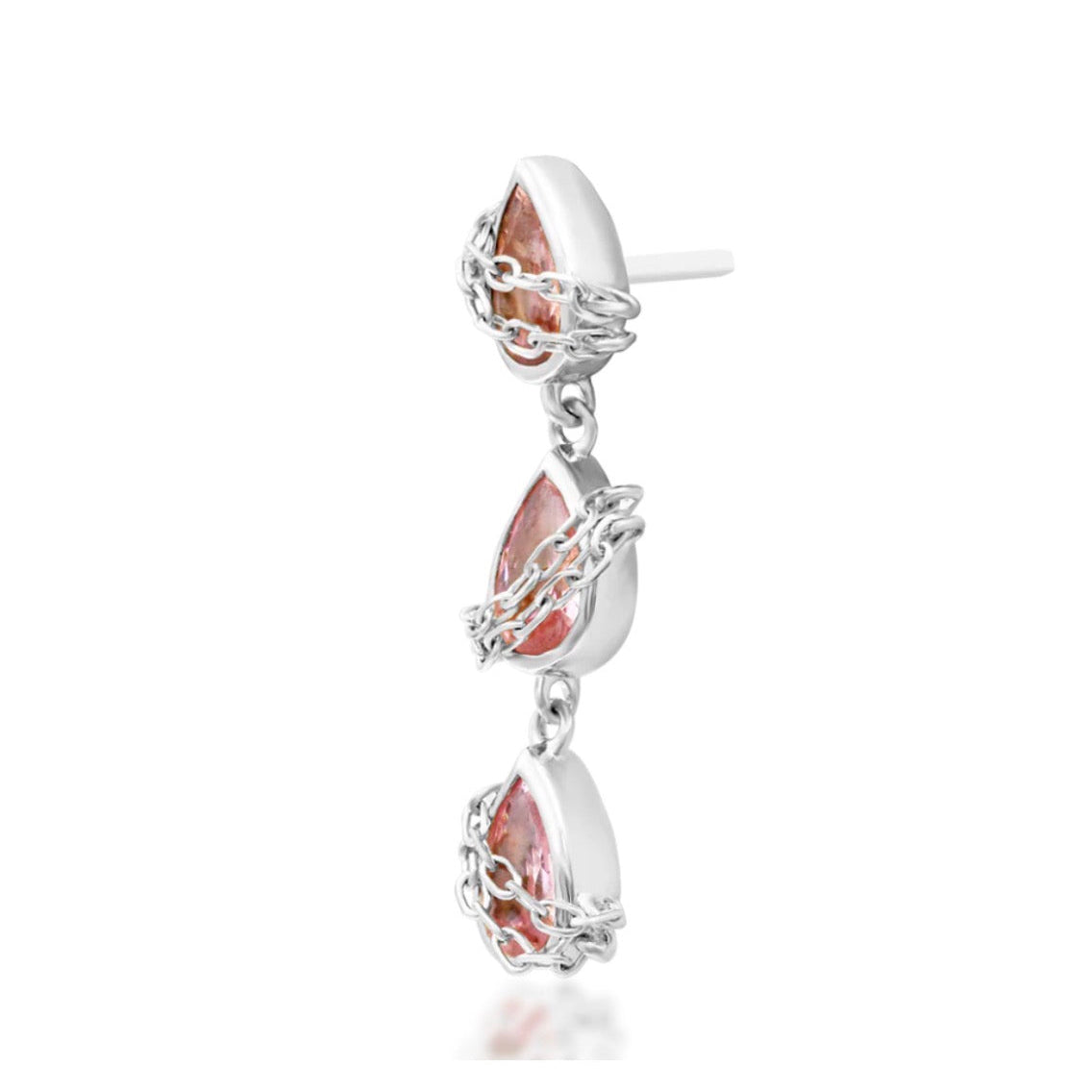 White gold conch jewellery featuring a cascading line of faceted pink cubic zirconia teardrops