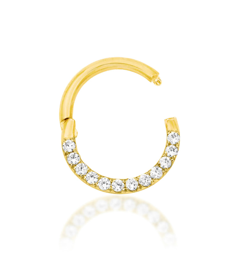Gold Cubic Zirconia Clicker Ring | Solid 14kt Gold Continuous Sparkle Hoop | Helix Lobe Daith Septum