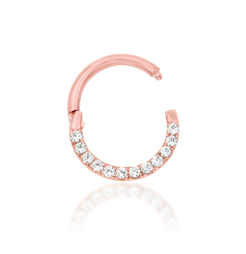 Gold Cubic Zirconia Clicker Ring | Solid 14kt Gold Continuous Sparkle Hoop | Helix Lobe Daith Septum