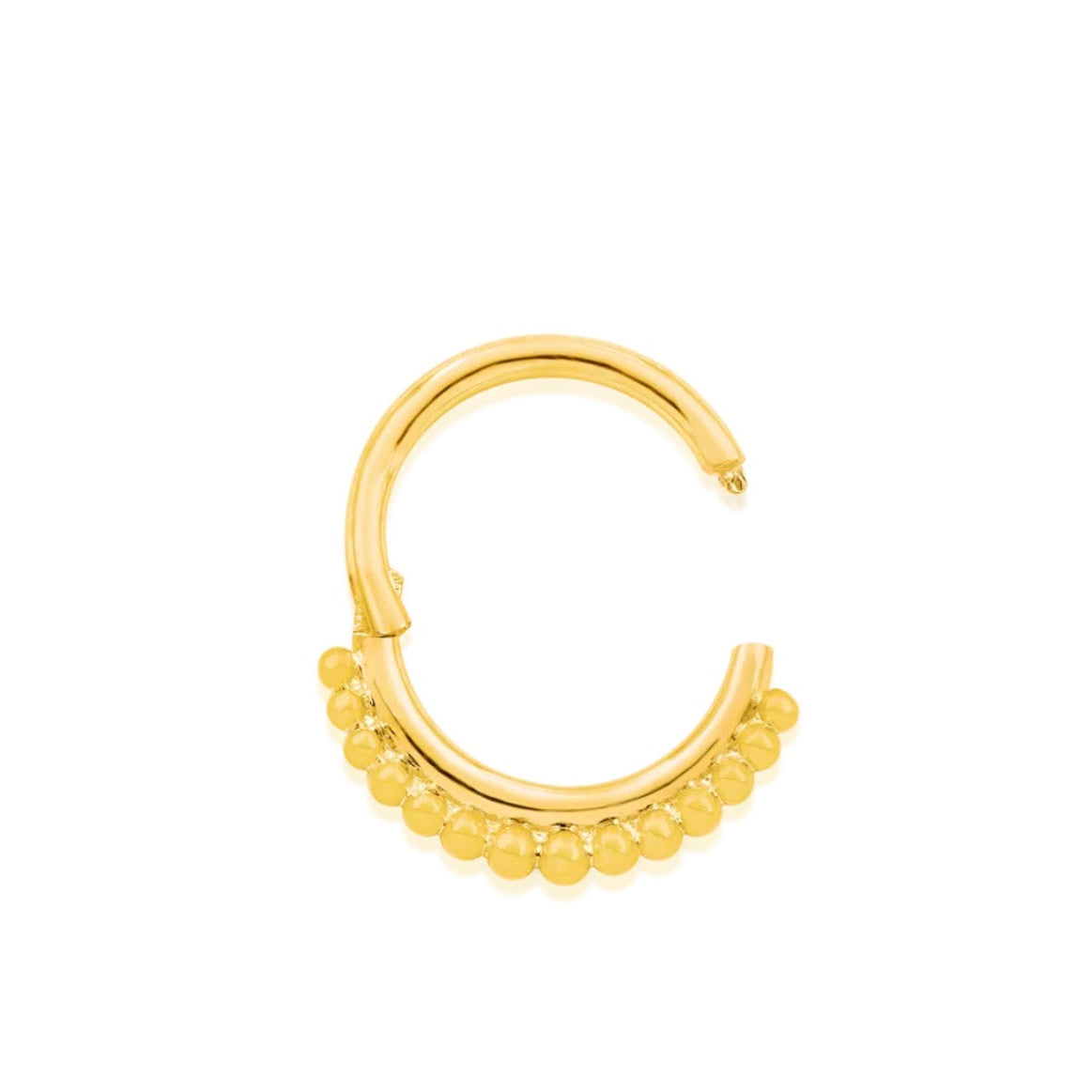14k gold beaded septum ring in yellow gold with a classic polished bead design.