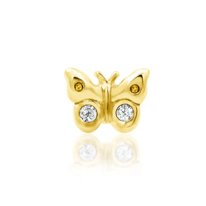 Junipurr Mini Butterfly cartilage earring in solid 14k yellow gold with two white CZ stones