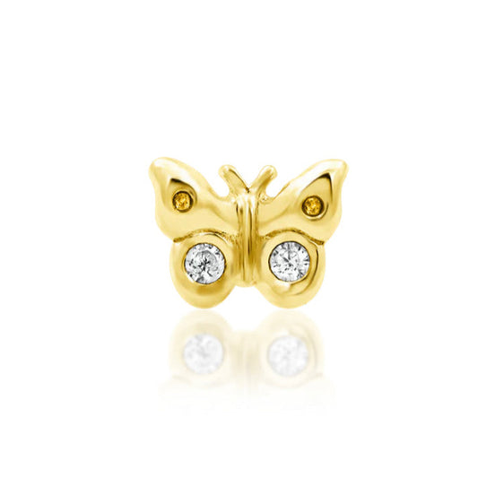 Junipurr Mini Butterfly in solid 14k yellow gold with two small white cubic zirconia stones.