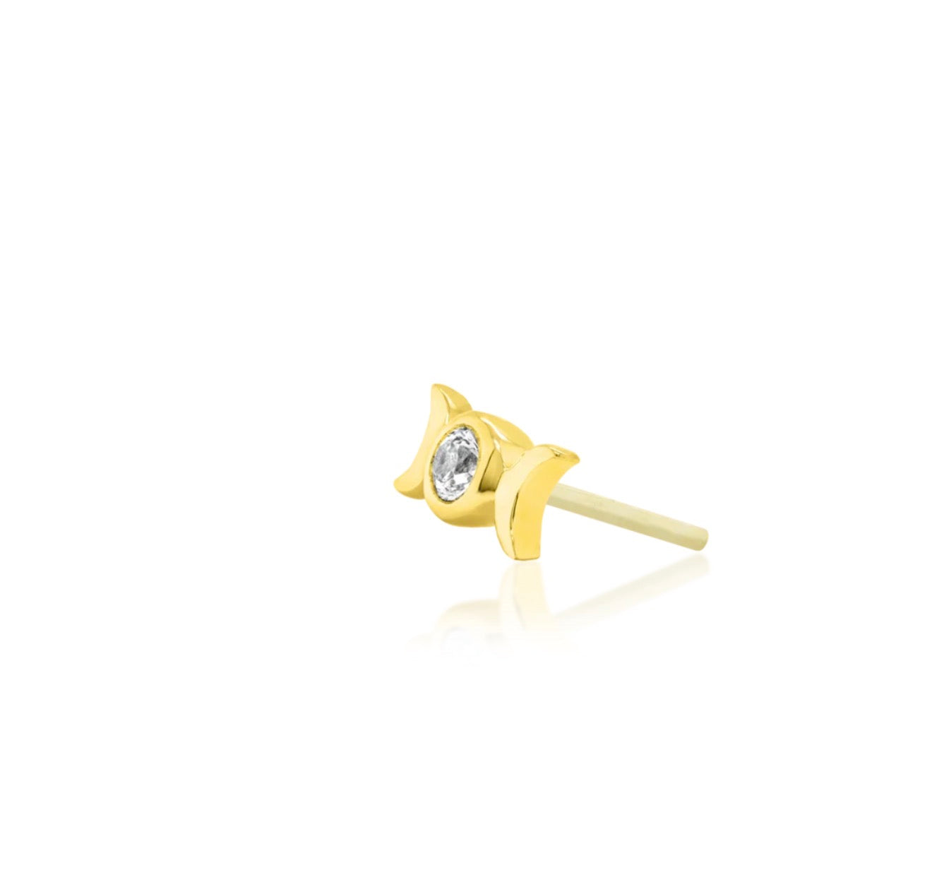 14k gold cartilage stud with a celestial moon design and bezel-set CZ