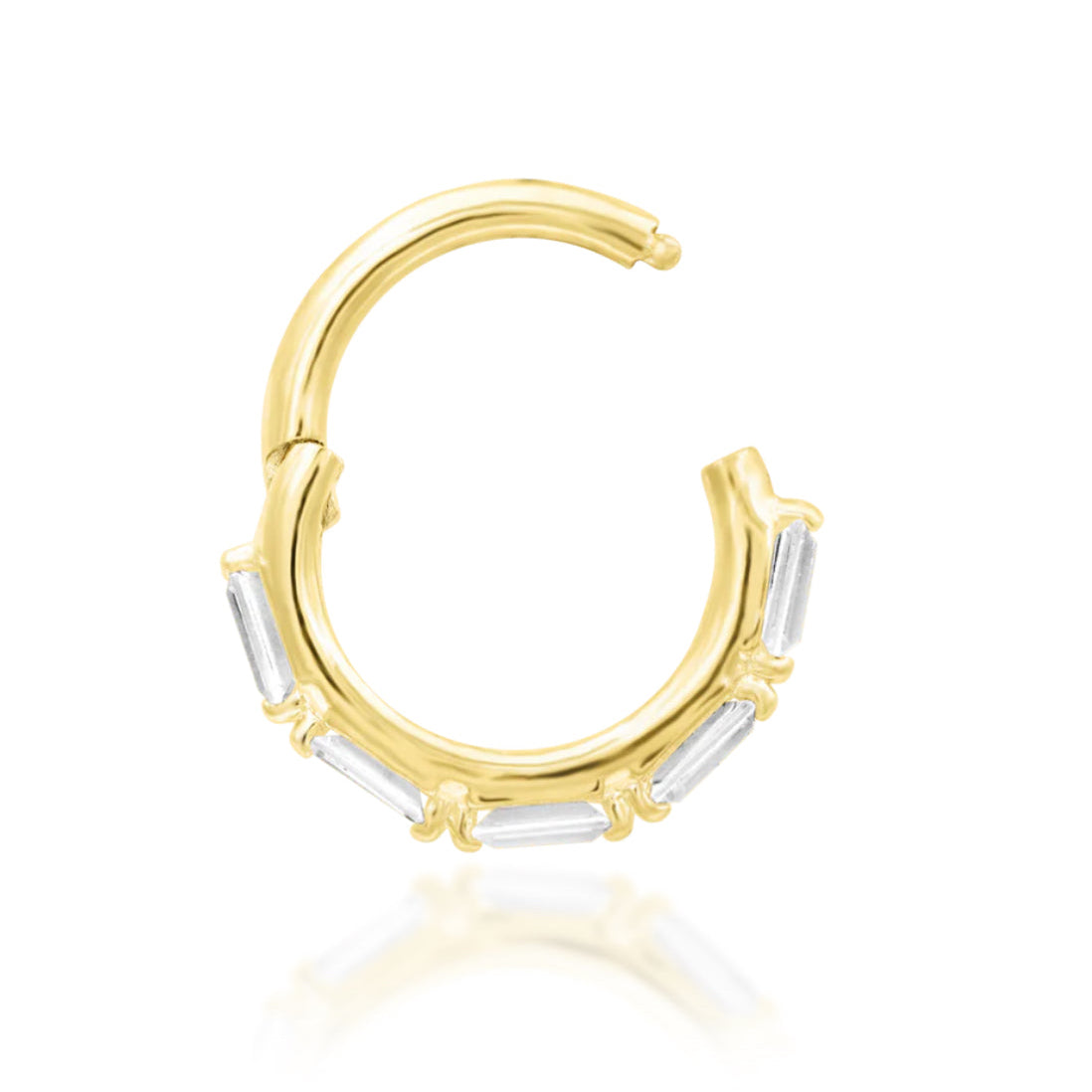 14k gold clicker ring with a forward-facing row of white baguette cubic zirconia.