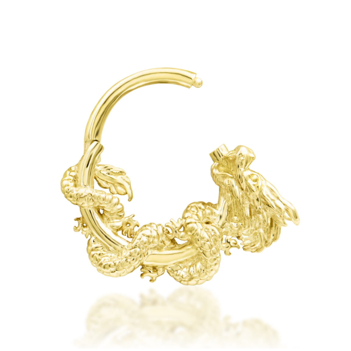 14k gold dragon jewellery in yellow gold, with sculpted wings, scales and claws wrapping around the Azure ring.
