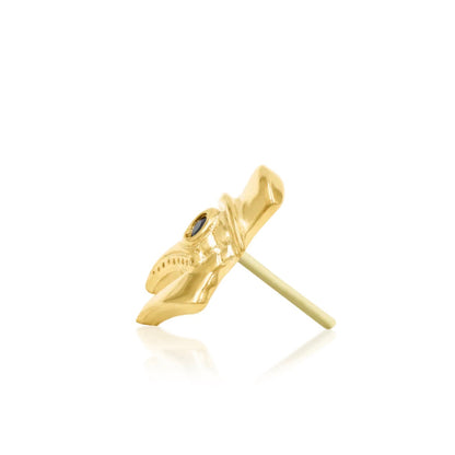 14k yellow gold flat earring featuring a sculpted plague doctor and 1mm Black CZ