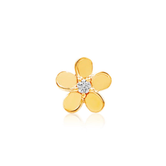 14k gold flower cartilage earring in yellow gold with five polished petals and a clear CZ centre.