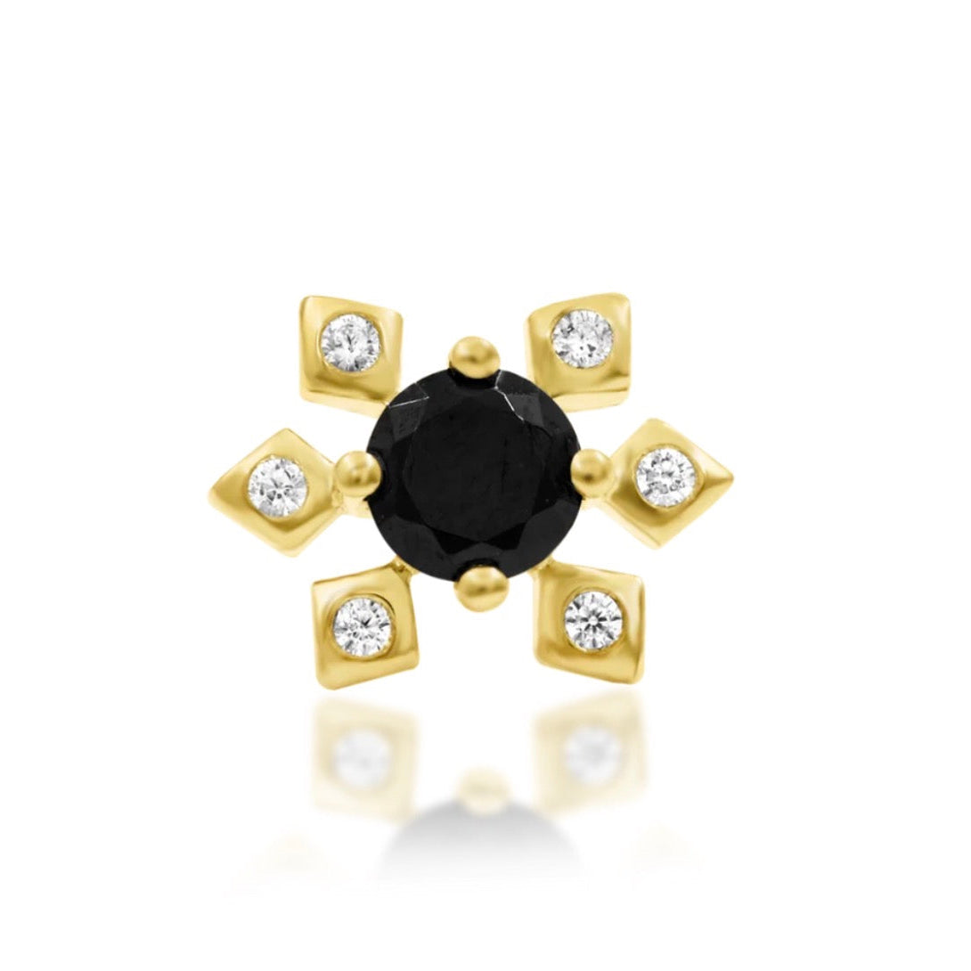     Junipurr Kamaria flower helix earring in solid 14k yellow gold with black and white CZ stones