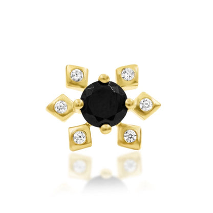     Junipurr Kamaria flower helix earring in solid 14k yellow gold with black and white CZ stones