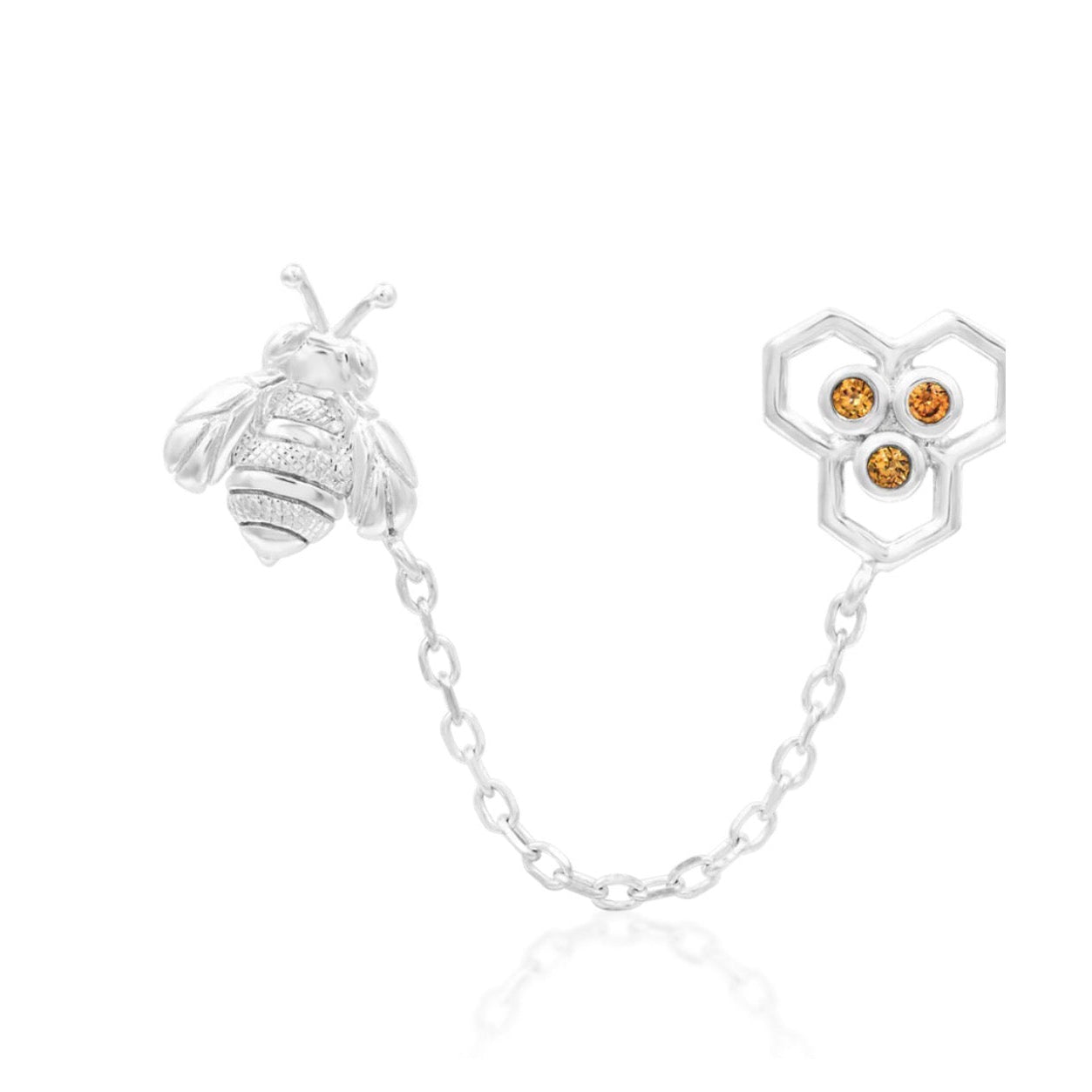 14k white gold helix earring chain with bee and honeycomb details