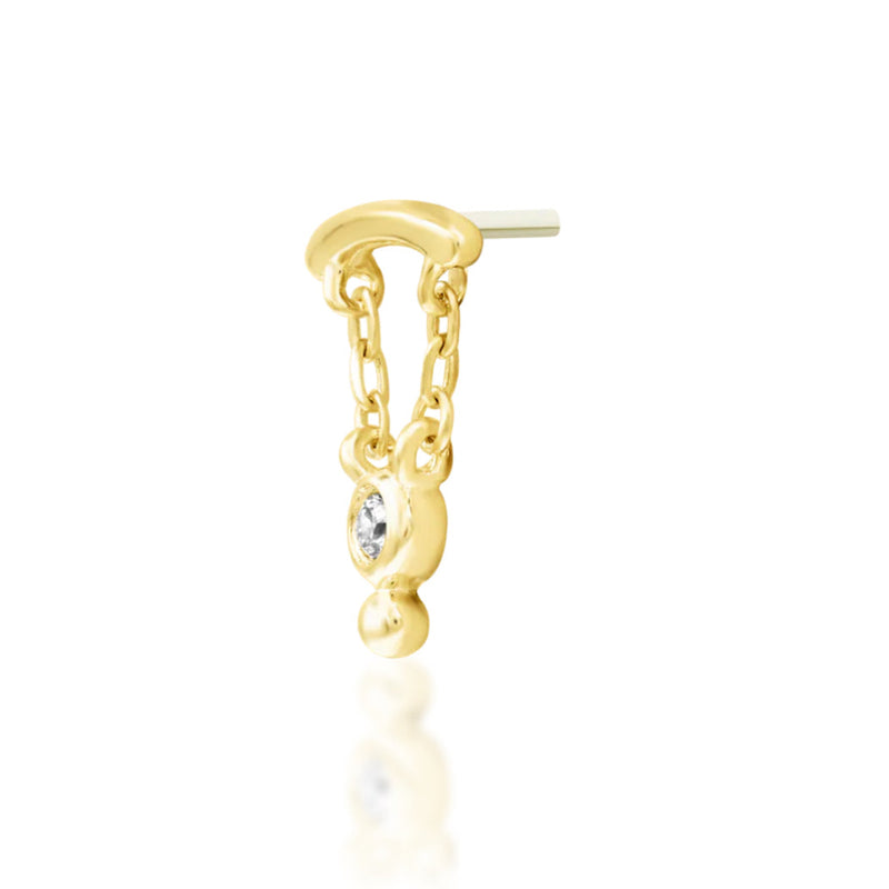 14k gold hidden helix earring with an elongated decorative top and delicate dangling gemstone.