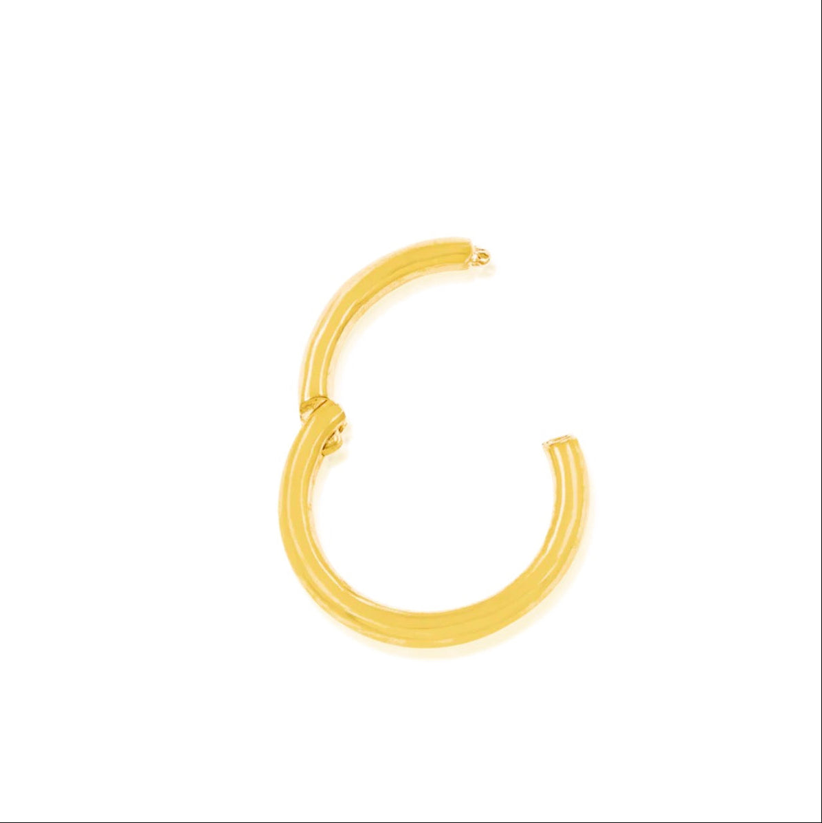 14k gold hoop earring in polished yellow gold with a discreet hinged clicker closure.