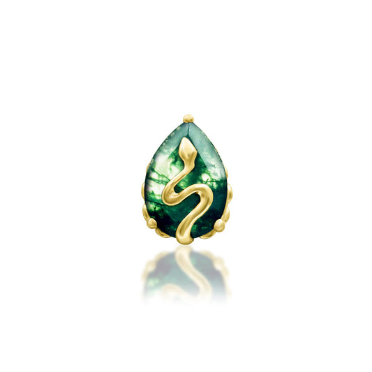 Junipurr Hecate snake earring in solid 14k yellow gold layered over pear-shaped moss agate