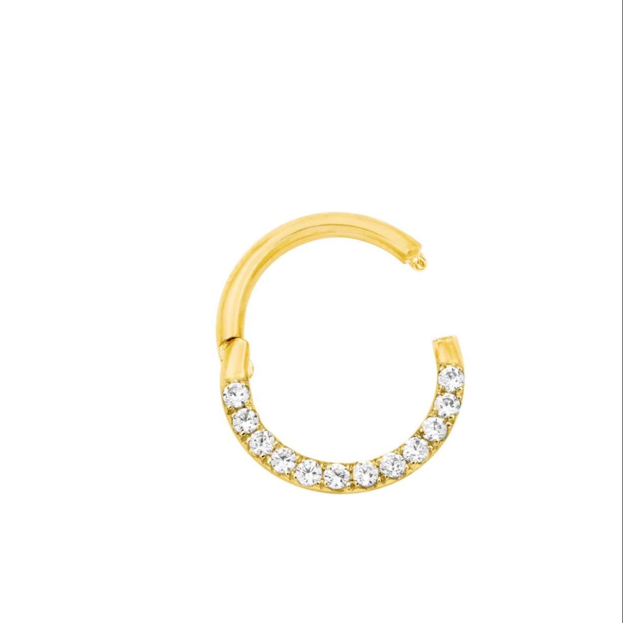 14k gold septum ring in yellow gold with a polished hinged hoop and a row of clear CZ stones.