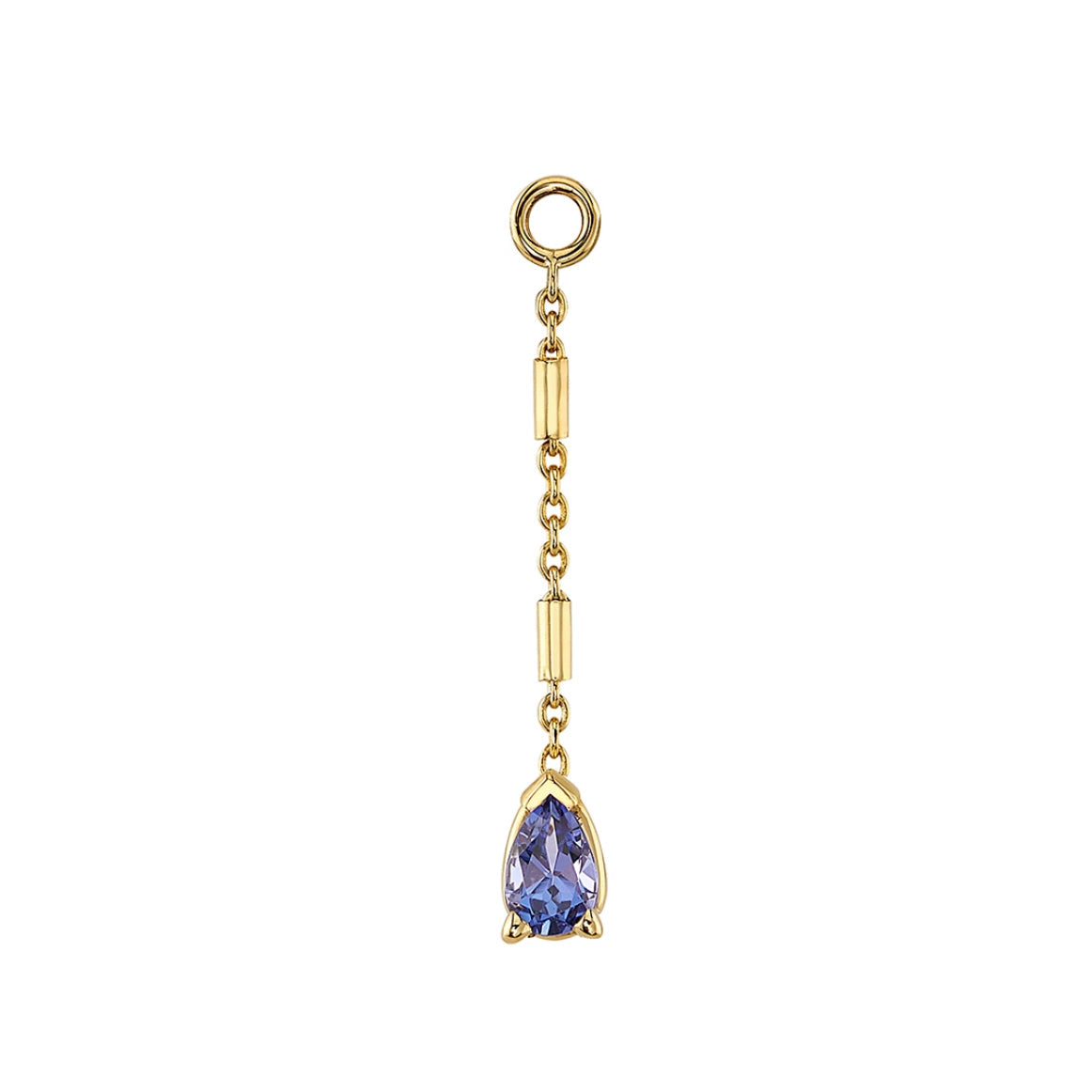 BVLA Ophelia 14k Yellow Gold piercing chain charm with alternating gold cylinders and a pear-cut Tanzanite in a low-profile V-prong settin