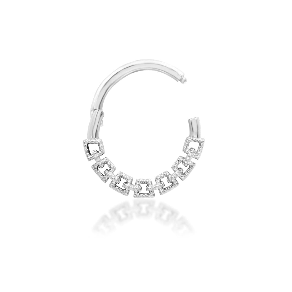 14k gold piercing ring in white gold featuring a polished hoop and decorative linked lower edge.
