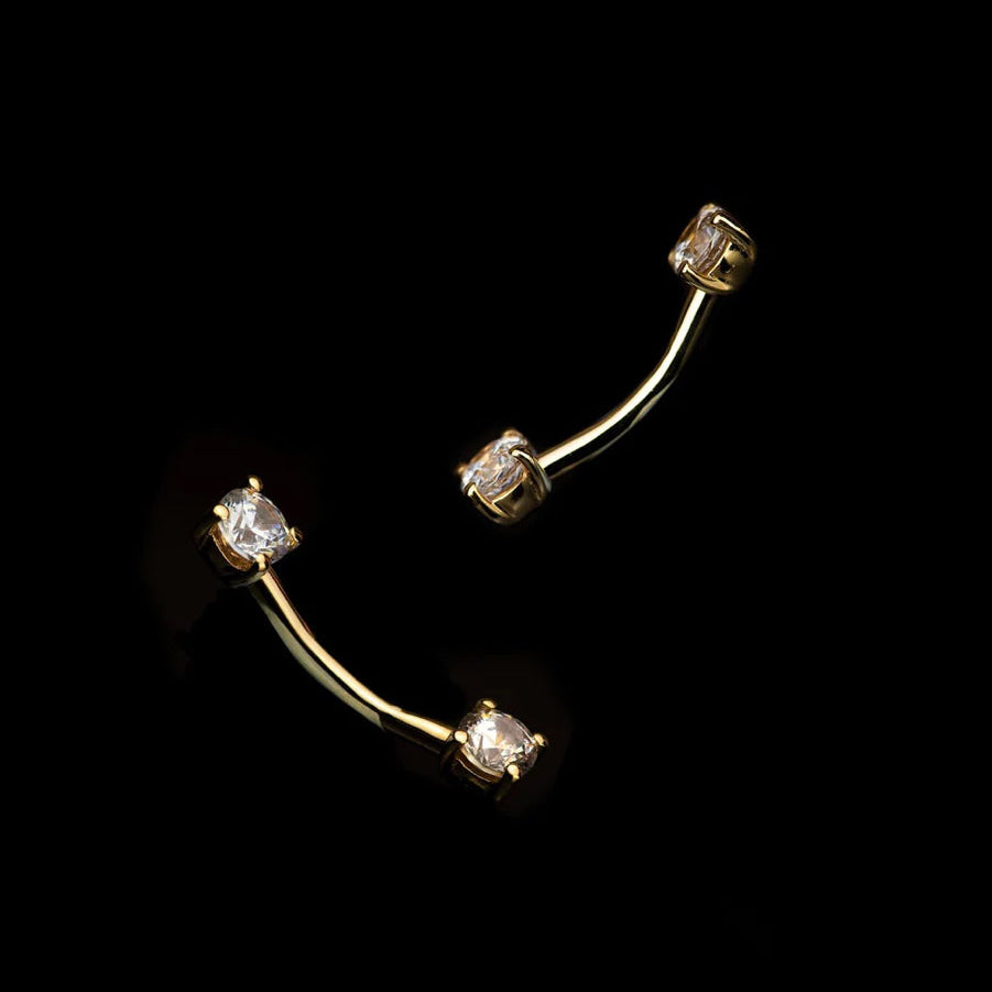 Junipurr Empress solid 14k yellow gold rook barbell with two white CZ stones
