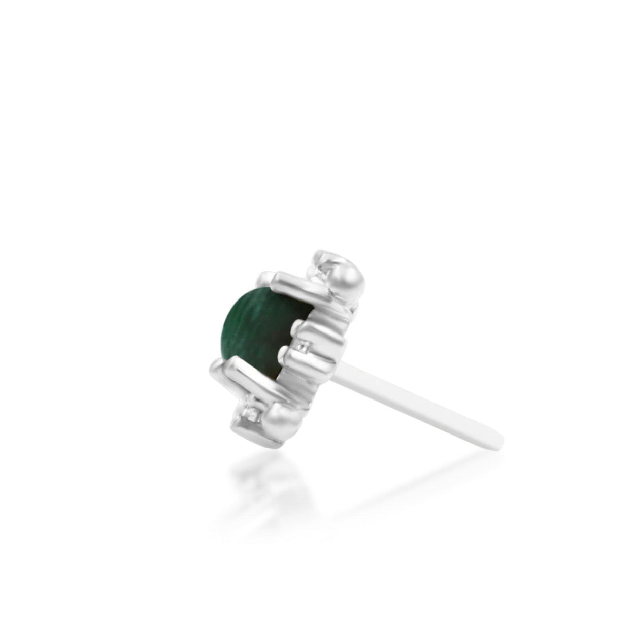 14k gold threadless earring top in white gold with a central natural malachite gemstone.