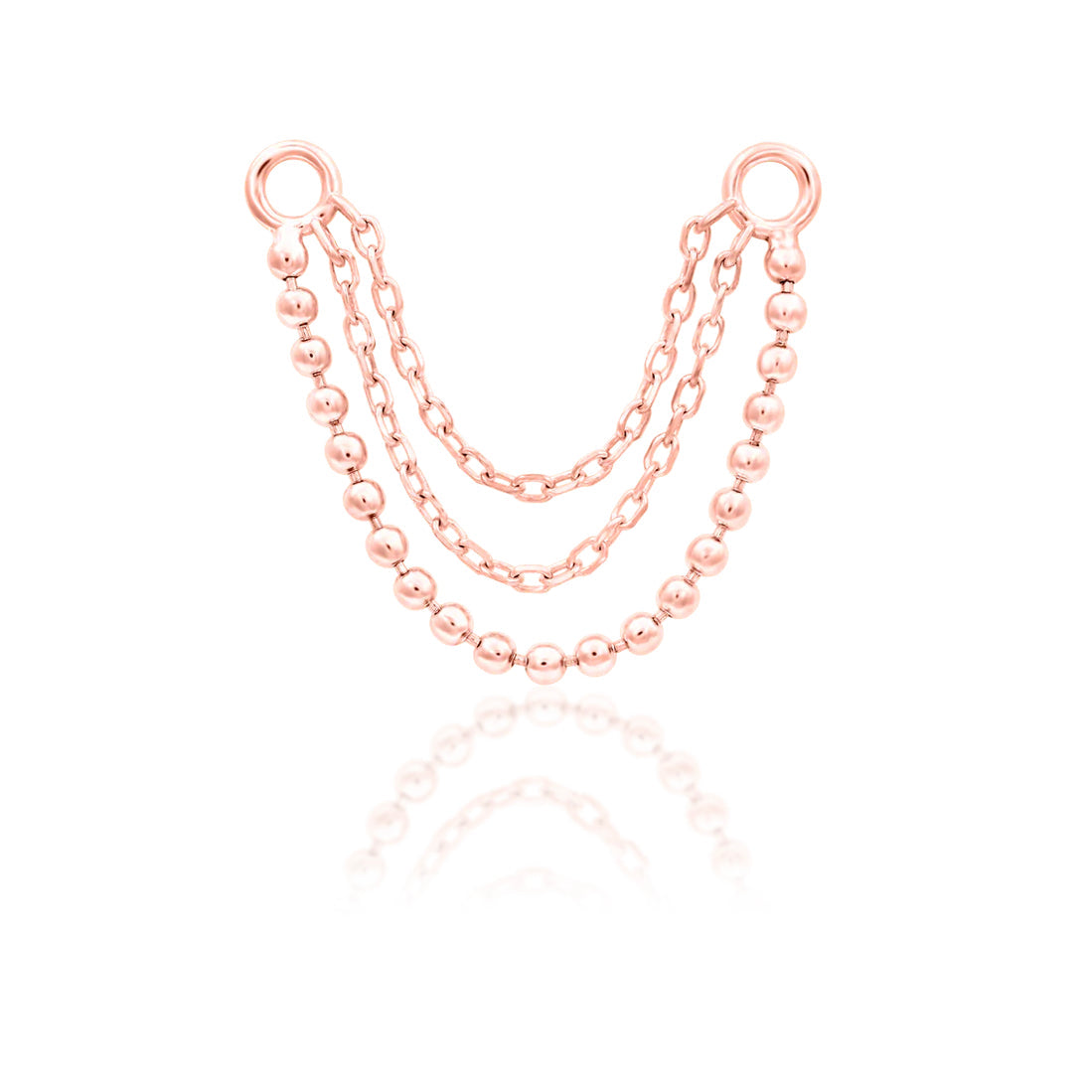 Junipurr Quinn triple piercing chain in solid 14k rose gold with layered graduated chain detail.