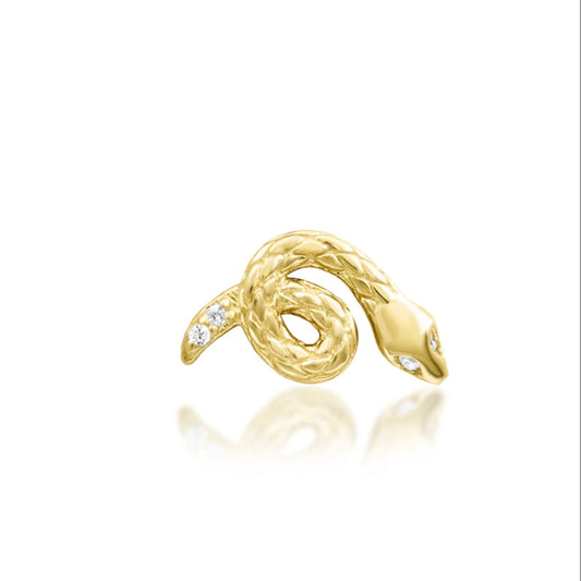 Junipurr Asmodeus coiled snake flat earring in solid 14k yellow gold with white CZ accents