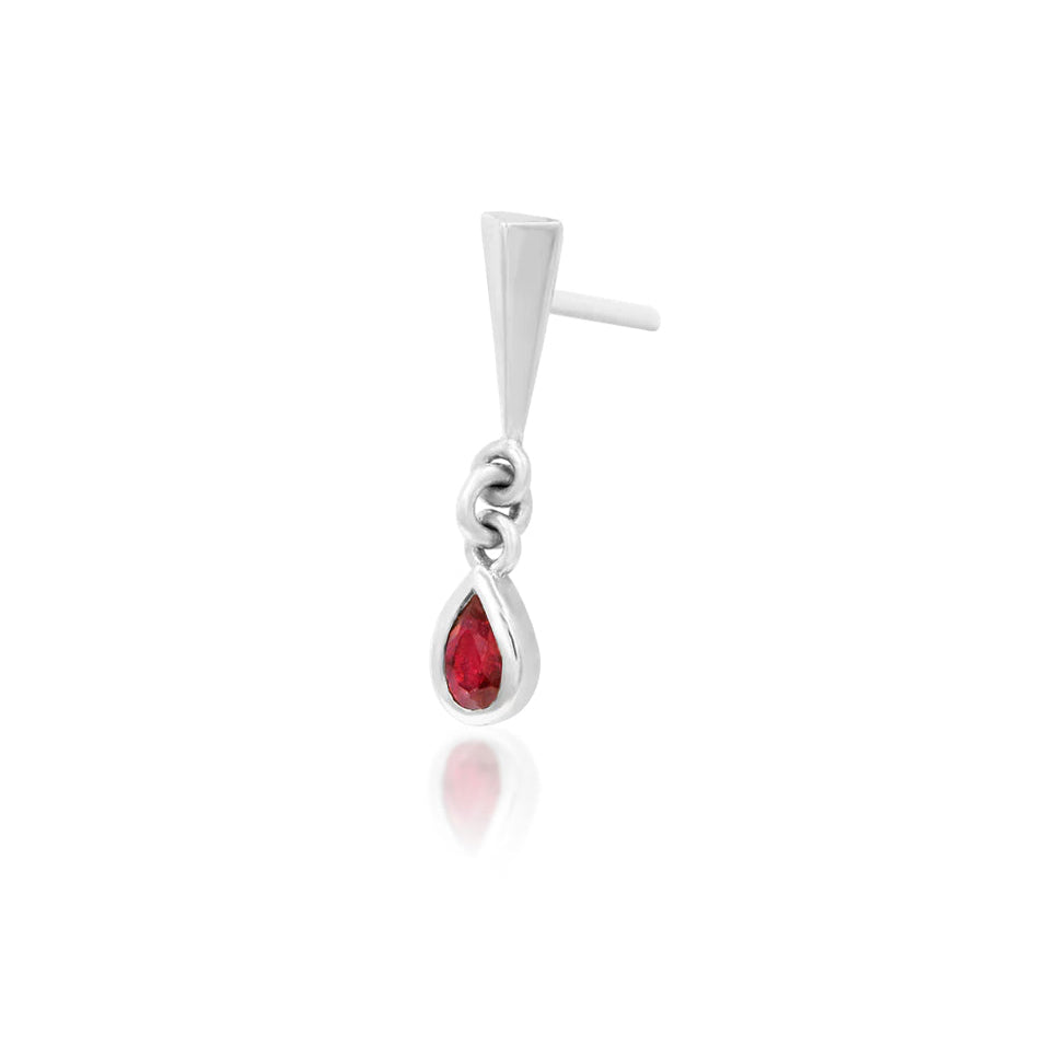 14k white gold cartilage stud featuring a pointed stake and pear-shaped Garnet CZ