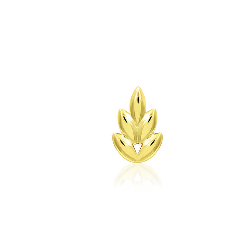 Low-profile yellow gold fern leaf earring with a delicate curved shape for a helix piercing.