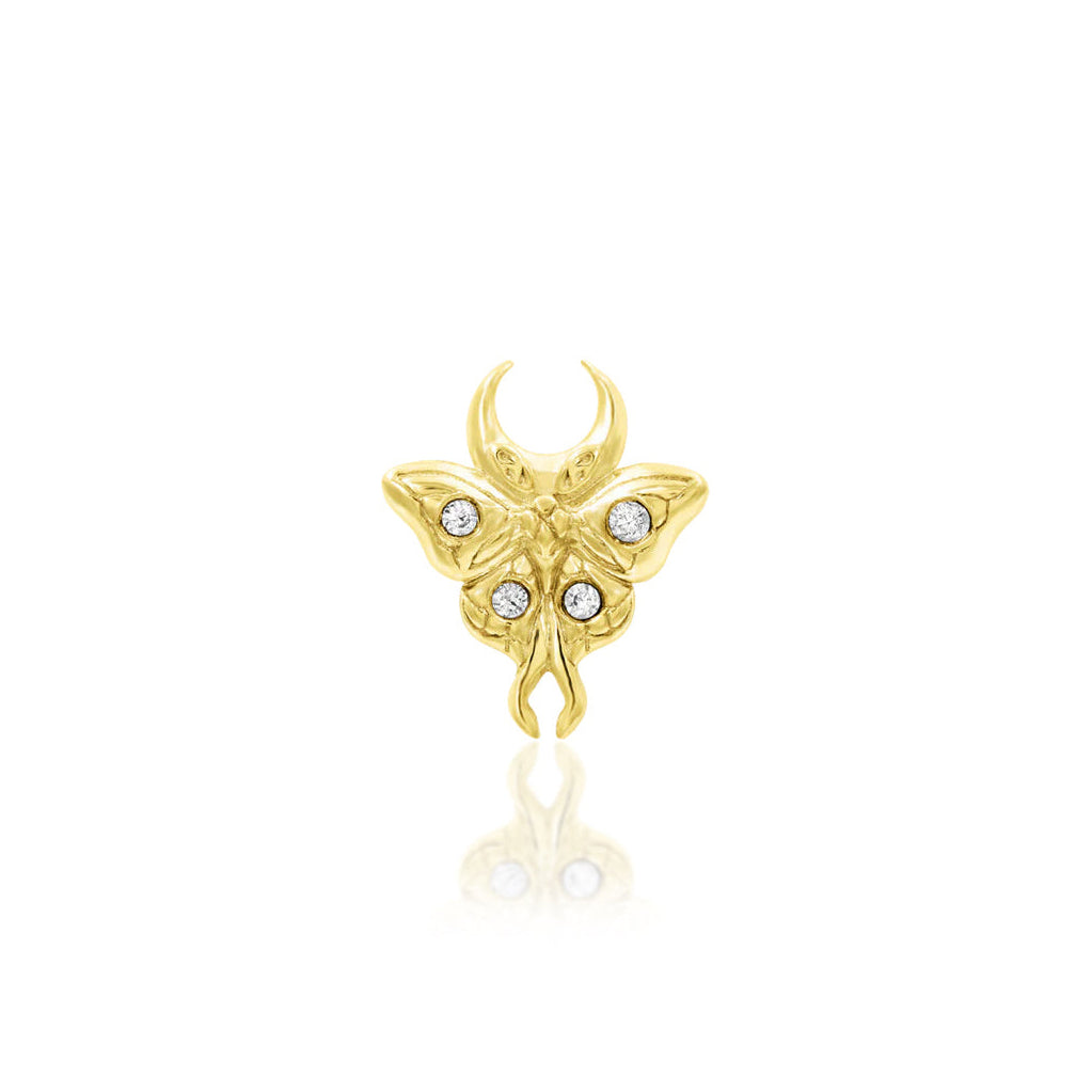 Solid 14k yellow gold luna moth helix stud with cubic zirconia for cartilage piercings.
