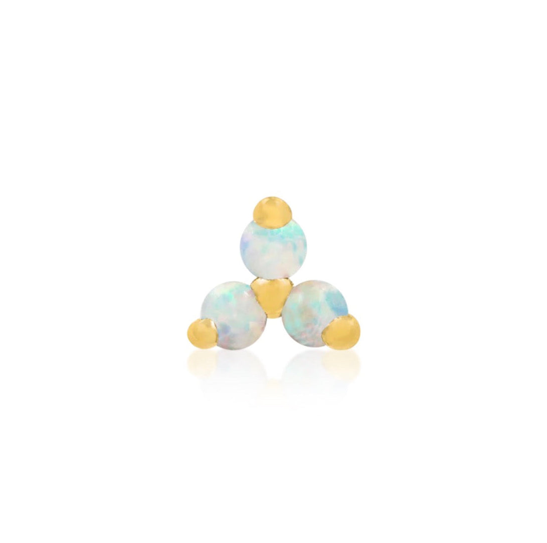 Solid 14k yellow gold trinity stud featuring three synthetic opals for a helix piercing.