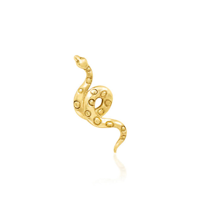 Solid yellow gold snake stud with a textured finish for a helix piercing.
