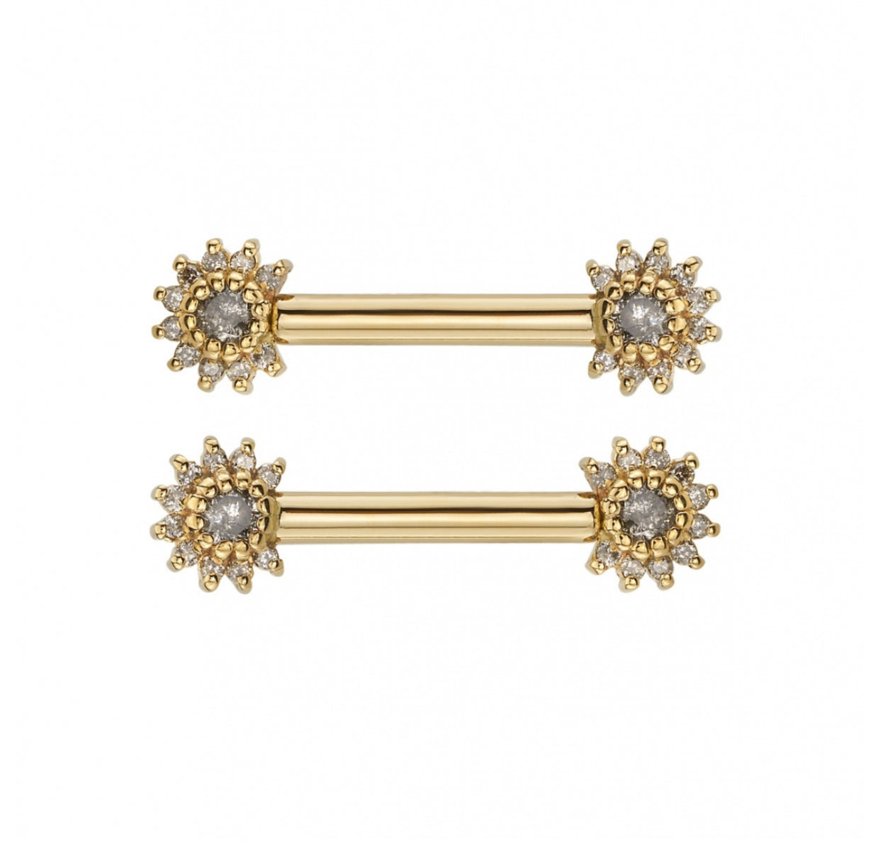 Front view of the BVLA Rose Bell Barbell in 14k yellow gold featuring diamond cluster ends designed for nipple piercings.