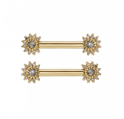 Front view of the BVLA Rose Bell Barbell in 14k yellow gold featuring diamond cluster ends designed for nipple piercings.