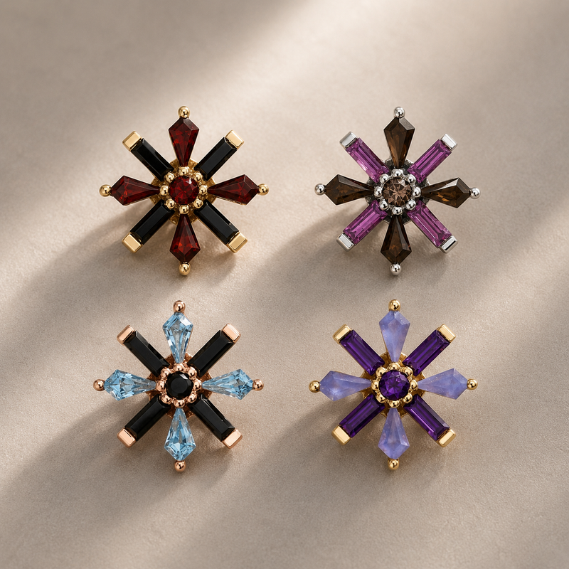 BVLA Akira solid 14k gold threadless end shown in four gemstone combinations: yellow gold with amethyst and sandblasted tanzanite, white gold with rhodolite, smoky quartz and Chatham champagne sapphire, rose gold with faceted onyx and Swiss blue topaz, and yellow gold with iolite and mint beryl, suitable for helix, flat, conch and lobe piercings.