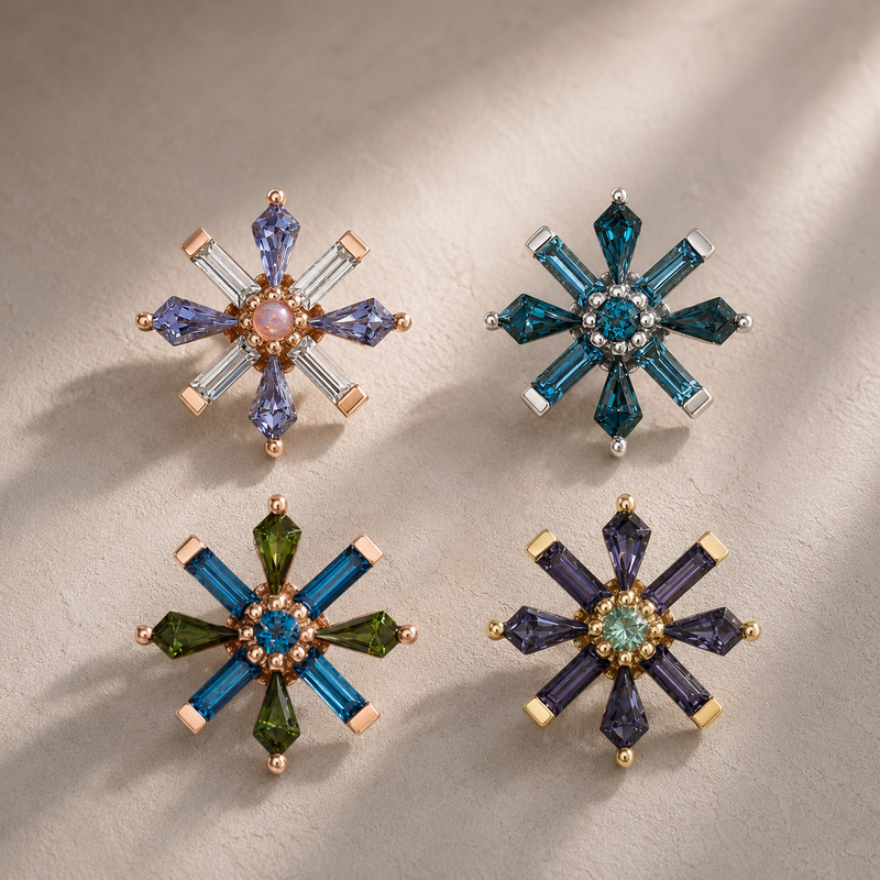 BVLA Akira solid 14k gold threadless end shown in four gemstone combinations: rose gold with London blue topaz and green tourmaline, white gold with amethyst and sandblasted tanzanite, yellow gold with iolite and mint beryl, and yellow gold with faceted onyx and garnet, suitable for helix, flat, conch and lobe piercings.