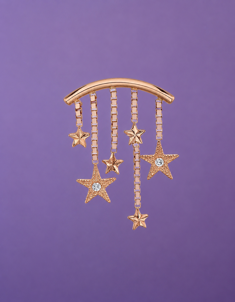 BVLA Altair solid 14k rose gold chain dangle featuring polished stars and two white diamond star charms, designed for luxury helix, flat and conch piercings.