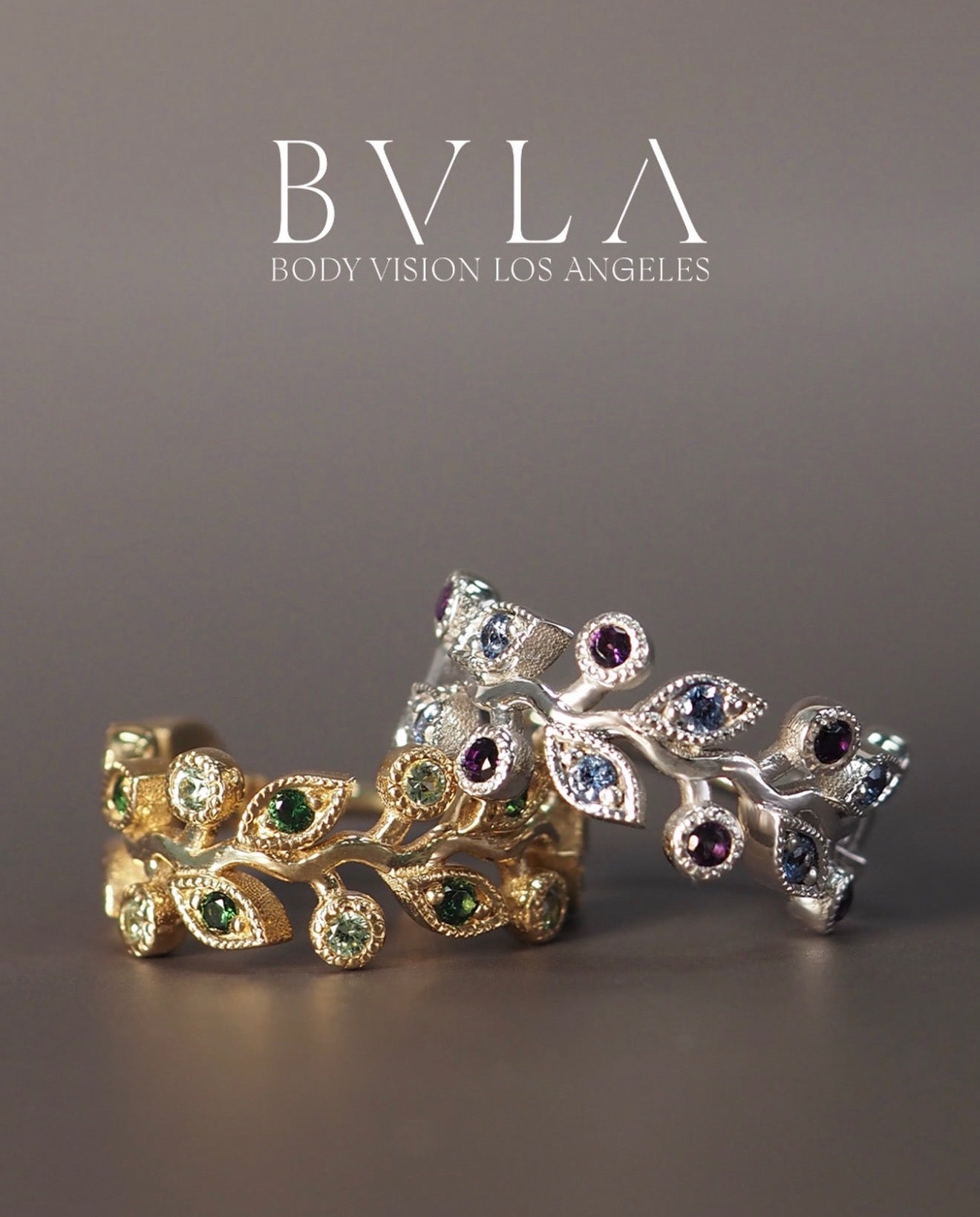 BVLA Arwen in solid 14k yellow and white gold, featuring green tourmaline, tsavorite, polar sapphire and amethyst gemstones, designed for luxurious curated ear and fine piercing jewellery collections.
