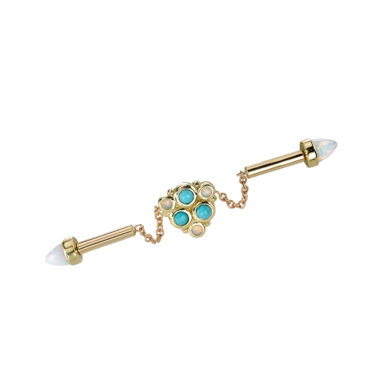 BVLA Aurora custom yellow gold industrial jewellery with Thora centre and Synthetic Opal bullet ends front view