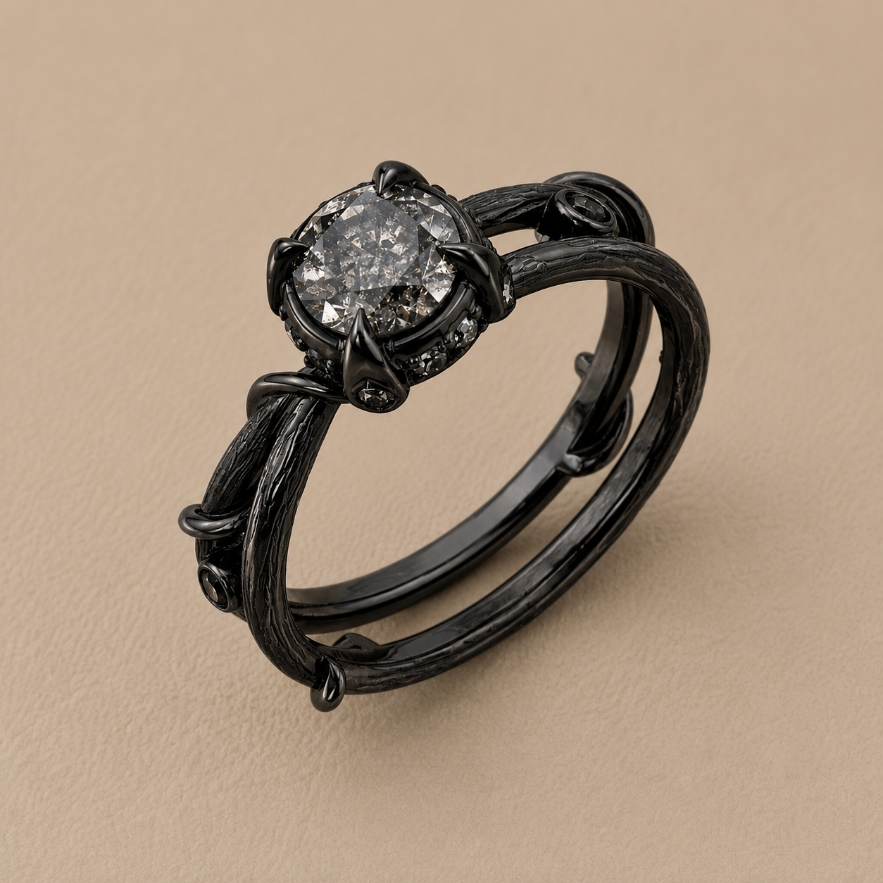 BVLA bespoke black gold engagement ring featuring a round salt and pepper diamond in sculptural claw settings with an organic handcrafted luxury design.