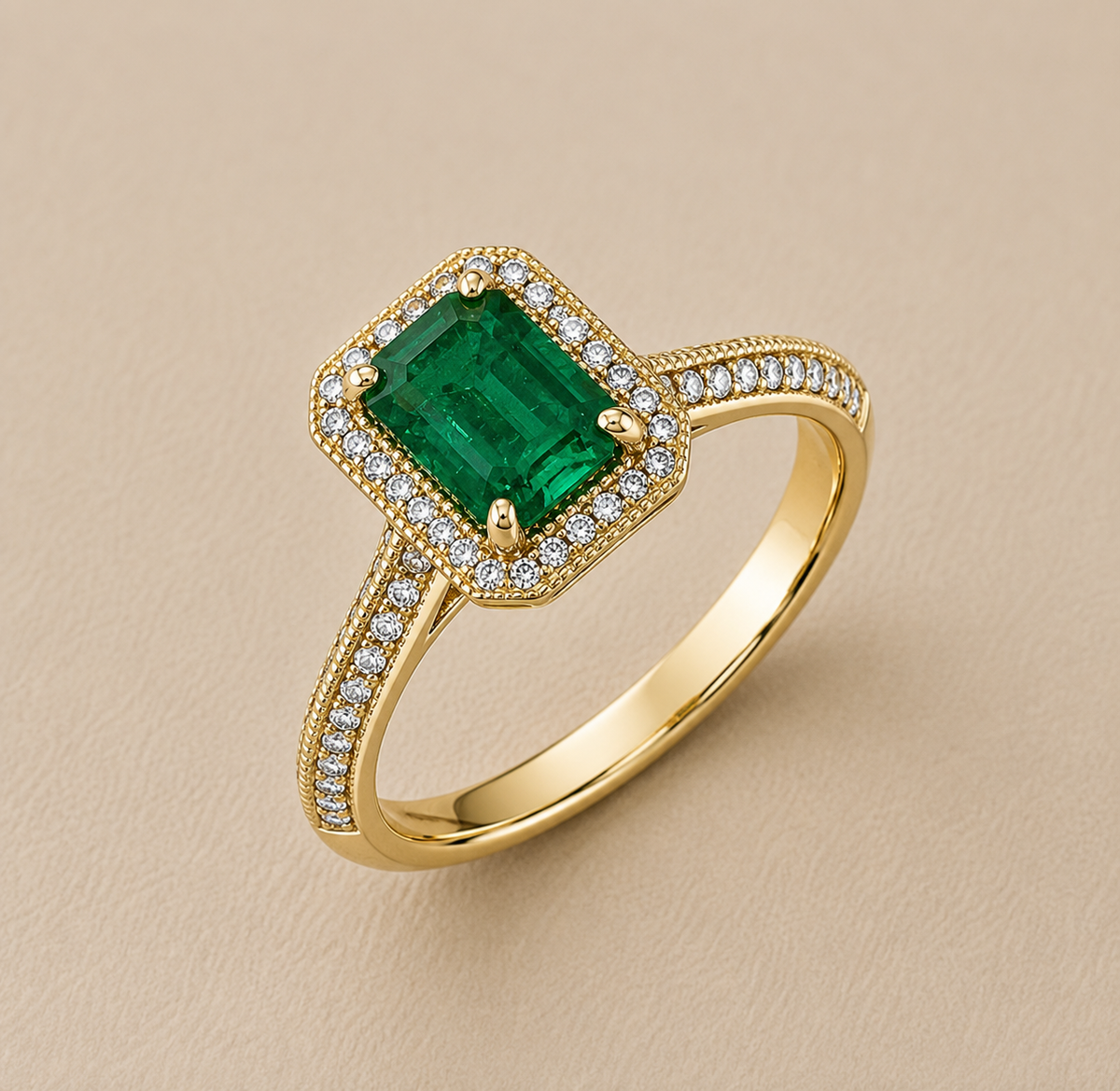 BVLA bespoke yellow gold engagement ring featuring an emerald-cut emerald surrounded by a diamond halo with pavé diamond shoulders, handcrafted as a luxury custom ring.