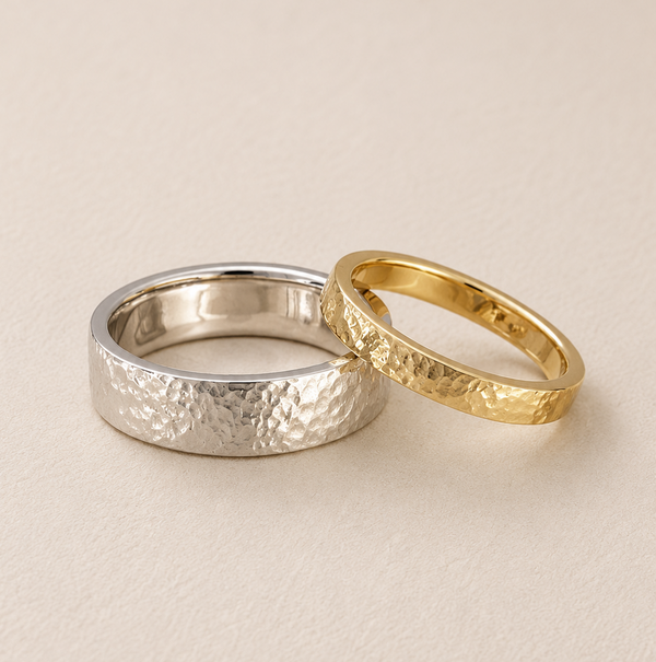 BVLA bespoke hammered wedding bands featuring handcrafted white gold and yellow gold rings with an organic textured finish for luxury custom wedding jewellery.