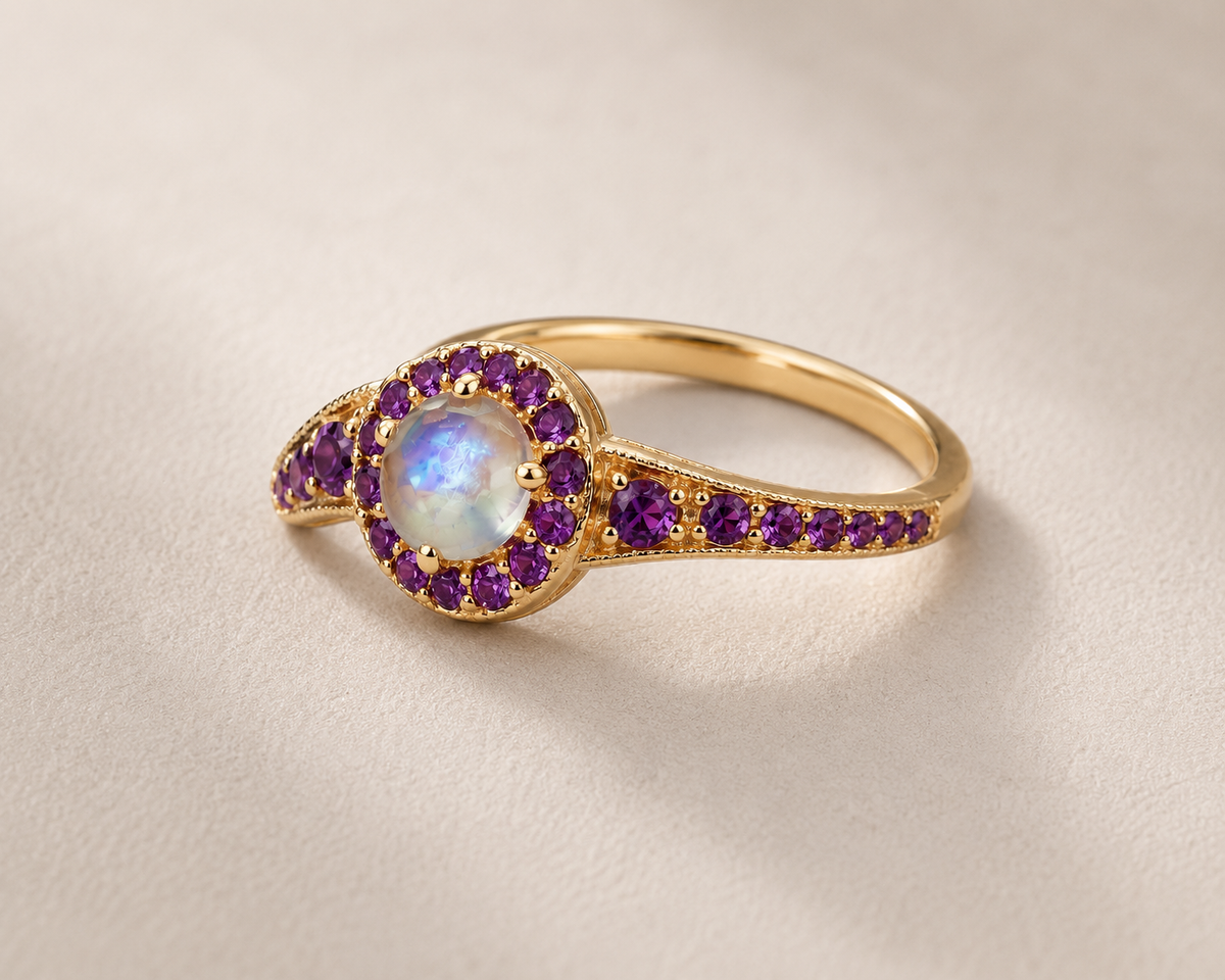 BVLA bespoke yellow gold ring featuring a round moonstone centre with a purple sapphire halo and matching sapphire shoulders in a handcrafted luxury custom design.