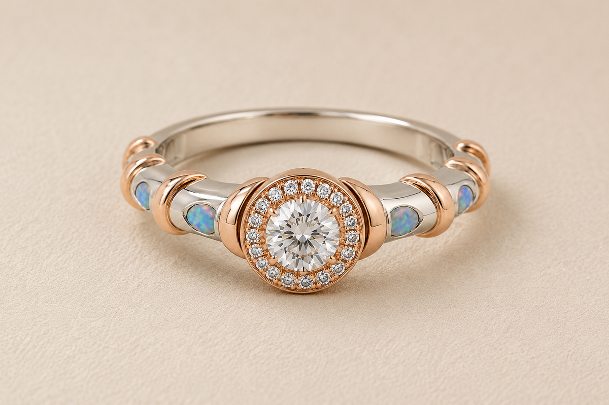 BVLA bespoke two tone engagement ring featuring a round brilliant diamond with a diamond halo, rose gold settings and opal accents in a handcrafted luxury custom design.