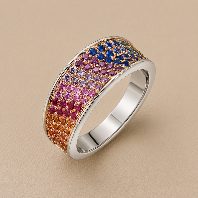 BVLA bespoke white gold eternity ring featuring a rainbow gradient of multicoloured sapphires in a handcrafted luxury custom design.