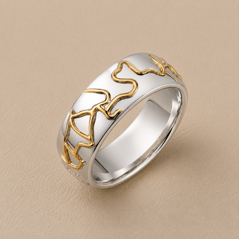 BVLA bespoke two tone wedding band featuring a polished white gold band with an applied yellow gold snake design in a handcrafted luxury custom ring.