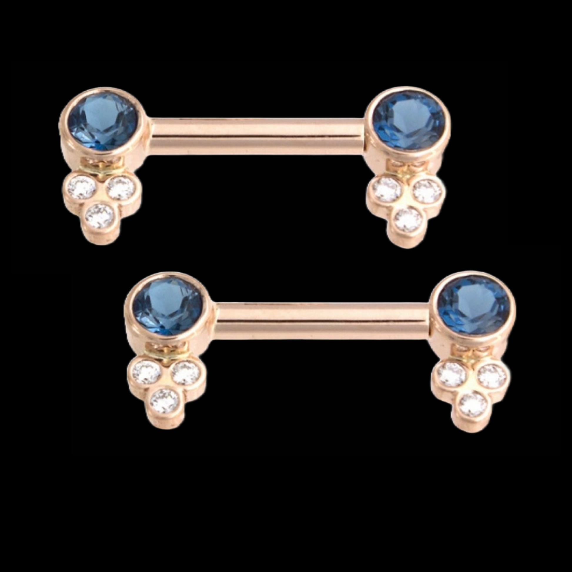 BVLA Bezel with Tri Accent custom yellow gold industrial jewellery with London Blue Topaz and diamond accents front view