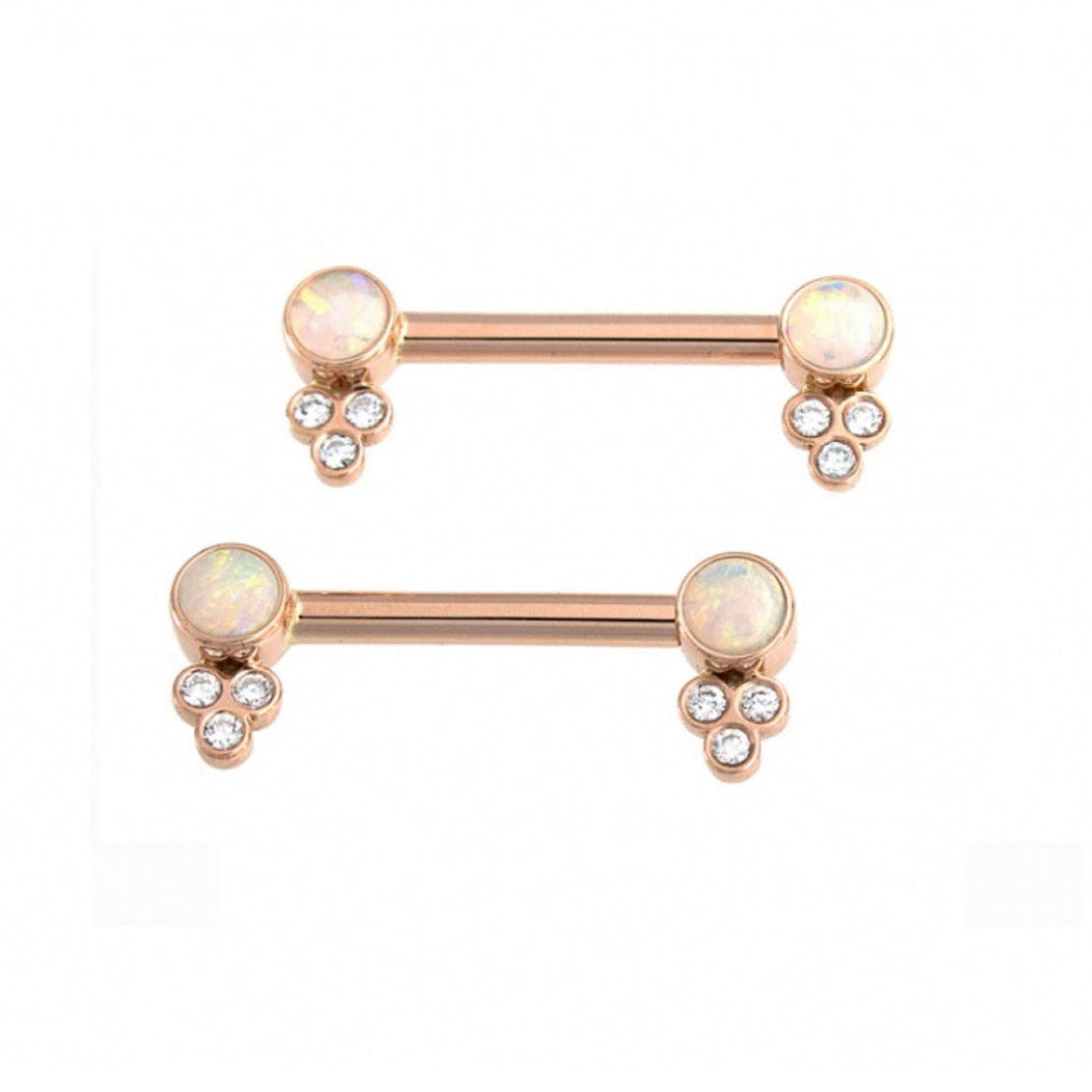 Angled view of BVLA Bezel with Tri Accent yellow gold straight barbells with White Opal and diamond accents