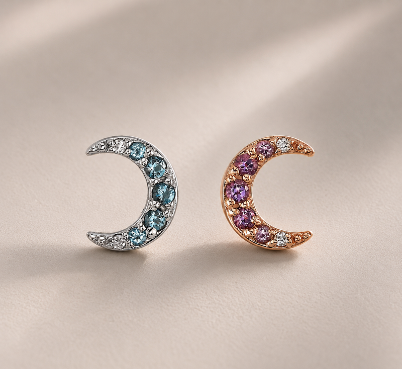 BVLA crescent moon threadless ends featuring blue gemstones in white gold and purple gemstones in rose gold, ideal for luxury helix, flat and conch piercings.