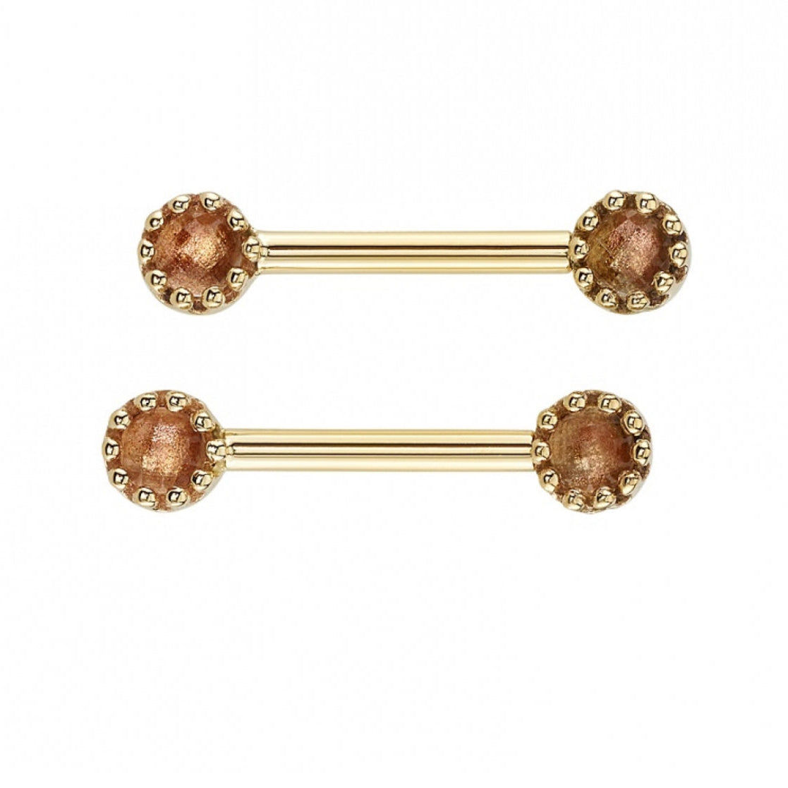BVLA Crown Barbell custom industrial jewellery in yellow gold featuring rose cut Oregon Sunstone front view